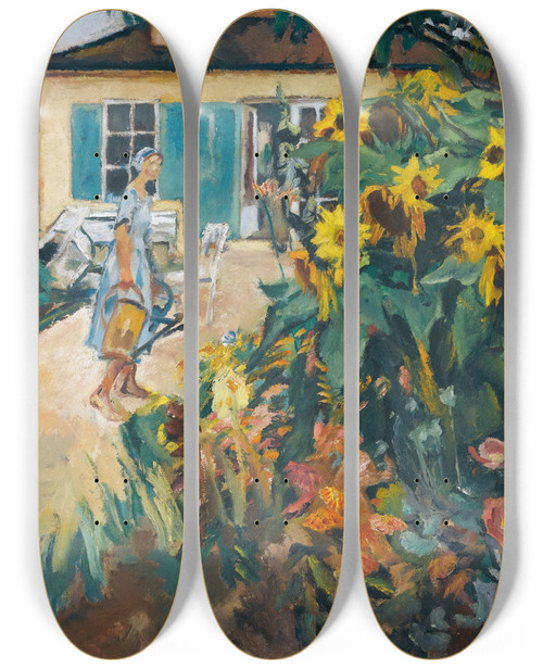 Triptych art skateboard deck of Leo Putz Mein Garten My Garden by Leo Putz (1869-1940)