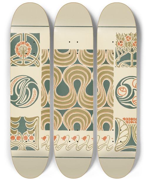 Triptych art skateboard deck of Maurice Pillard Verneuil Abstract Design Based On Flower Buds Berries Tulips by Maurice Pillard Verneuil (1869-1942)