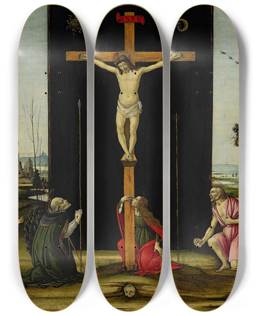 Triptych art skateboard deck of Sandro Botticelli Christ On The Cross Adored By Saints Monica Augustine Mary Magdalen Jerome And Bridget Of Sweden by Sandro Botticelli (1444-1510)