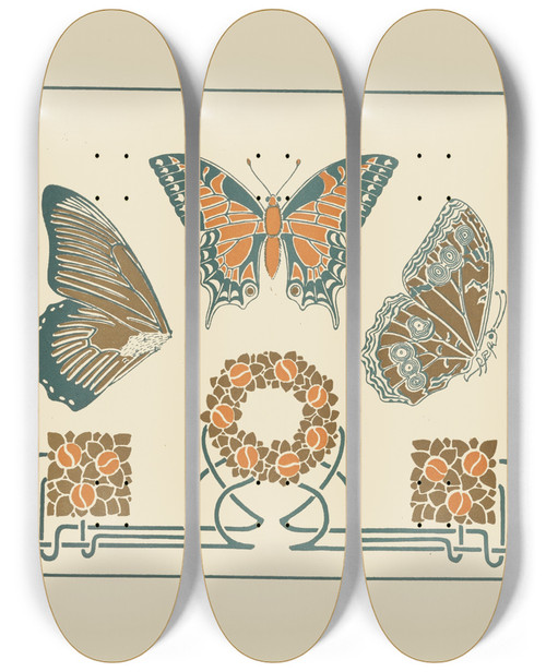 Triptych art skateboard deck of Maurice Pillard Verneuil Abstract Design Based On Butterflies And Leaves by Maurice Pillard Verneuil (1869-1942)