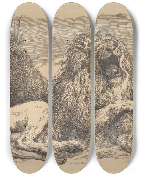 Triptych art skateboard deck of Sir George Hayter A Study From Nature A Lion Among Rocks Roaring A Human Skull Lower Right by Sir George Hayter (1792-1871)