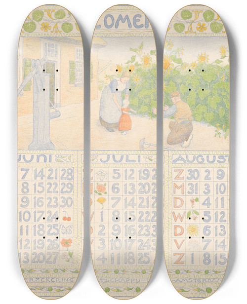 Triptych art skateboard deck of Ferdinand Hart Nibbrig Kalenderblad Voor Zomer 1904 Van De Verzekeringmaatschappij Holda In Amsterdam_2 by Ferdinand Hart Nibbrig (1866-1915)