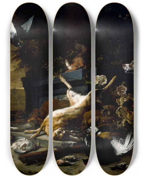 Triptych art skateboard deck of Jan Weenix Still Life Of Game Including A Hare Black Grouse And Partridge A Spaniel Looking On With A Pigeon In Flight by Jan Weenix (1641-1719)