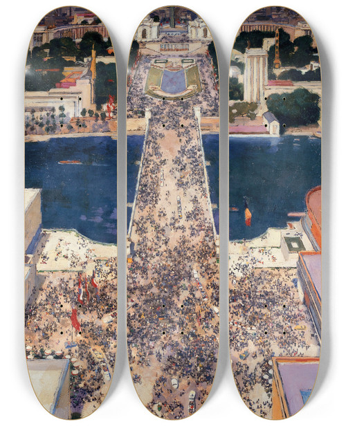 Triptych art skateboard deck of Andr Victor Douard Devambez La Colline De Chaillot Pendant Lexposition Internationale De 1937 Vue De La Tour Eiffel by Andr Victor douard Devambez (1867-1943)
