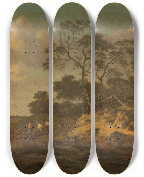 Triptych art skateboard deck of Jan Wijnants Dune Landscape With Hunters Resting by Jan Wijnants (1632-1684)