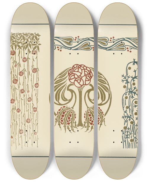Triptych art skateboard deck of Maurice Pillard Verneuil Abstract Design Based On Flowers And Berries by Maurice Pillard Verneuil (1869-1942)