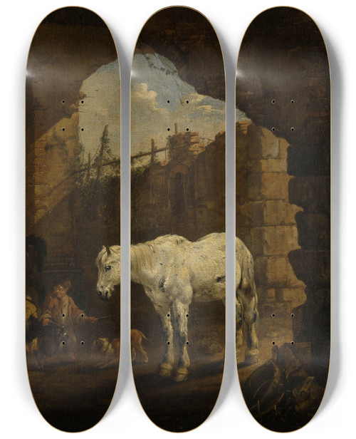 Triptych art skateboard deck of Johann Heinrich Roos Children Playing In A Stable by Johann Heinrich Roos (1631-1685)