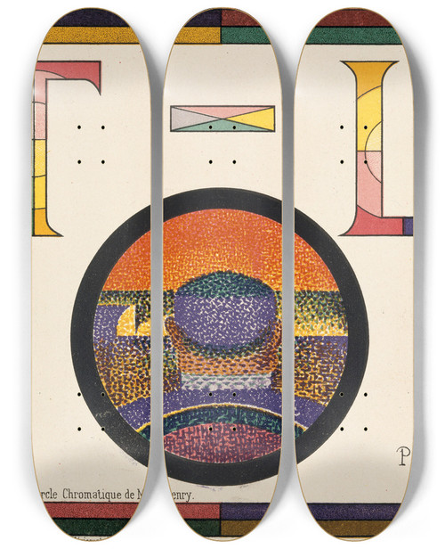 Triptych art skateboard deck of Paul Signac Application Of Charles Henrys Chromatic Circle Thtrelibre Playbill Of January 31 1889 by Paul Signac (1863-1935)