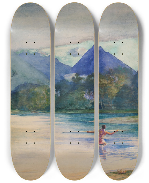 Triptych art skateboard deck of John La Farge Entrance To The Vaitepiha River Cooks Anchorage by John La Farge (1835-1910)