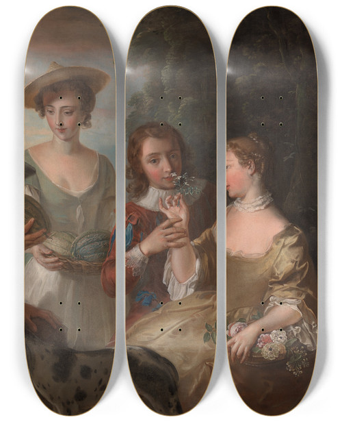 Triptych art skateboard deck of Philippe Mercier The Sense Of Smell by Philippe Mercier (1689-1760)