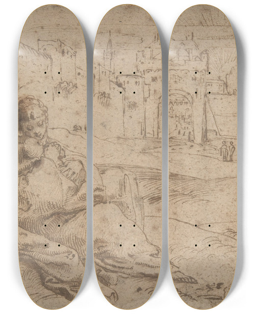 Triptych art skateboard deck of Annibale Carracci The Virgin And Child Resting Outside A City Gate by Annibale Carracci (1560-1609)
