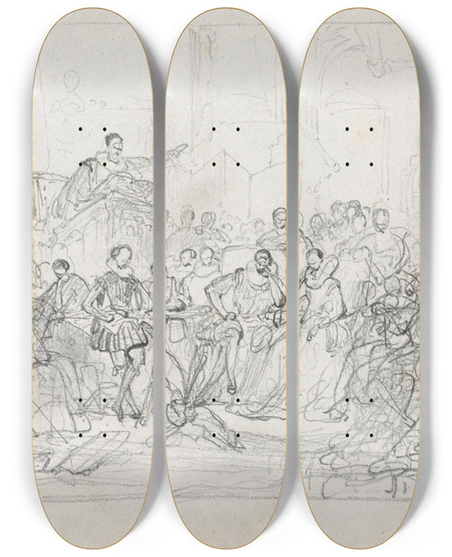 Triptych art skateboard deck of Nicaise De Keyser Archdukes Albert And Isabella Attend A Lesson By Justus Lipsius_1 by Nicaise De Keyser (1813-1887)