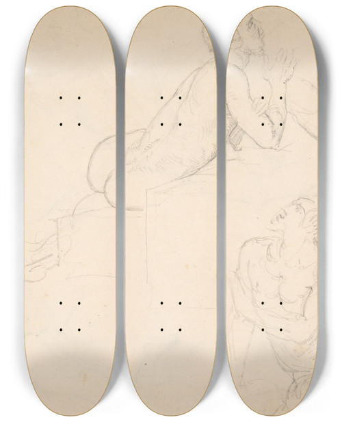 Triptych art skateboard deck of Eduard Julius Friedrich Bendemann Studies Of Seated Man by Eduard Julius Friedrich Bendemann (1811-1889)