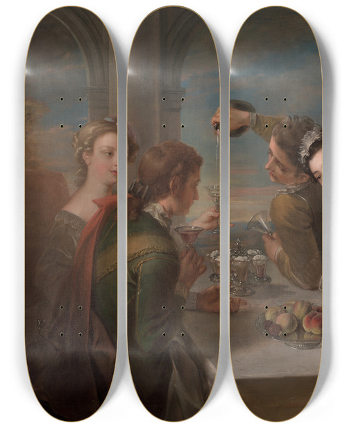 Triptych art skateboard deck of Philippe Mercier The Sense Of Taste by Philippe Mercier (1689-1760)
