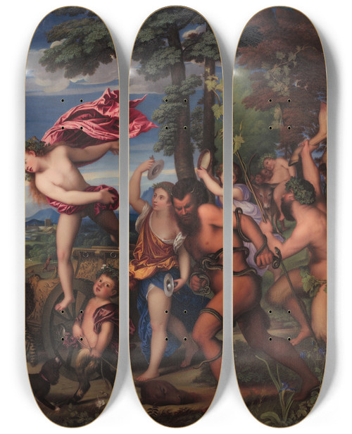 Triptych art skateboard deck of Henry Bone Bacchus And Ariadne by Henry Bone (1755-1834)