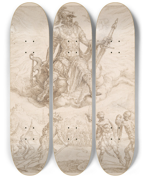 Triptych art skateboard deck of Maarten Van Heemskerck Mars The Cholerictemperament by Maarten Van Heemskerck (1498-1574)