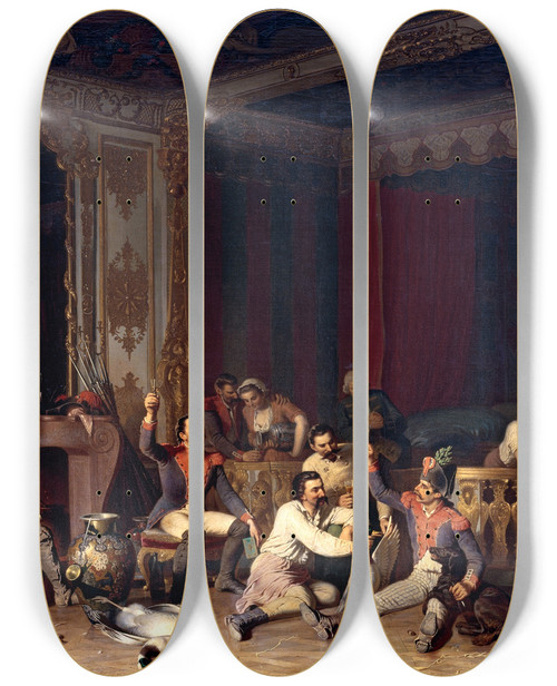 Triptych art skateboard deck of Reinhard Sebastian Zimmermann Einquartierung Franzsischer Soldaten by Reinhard Sebastian Zimmermann (1815-1893)