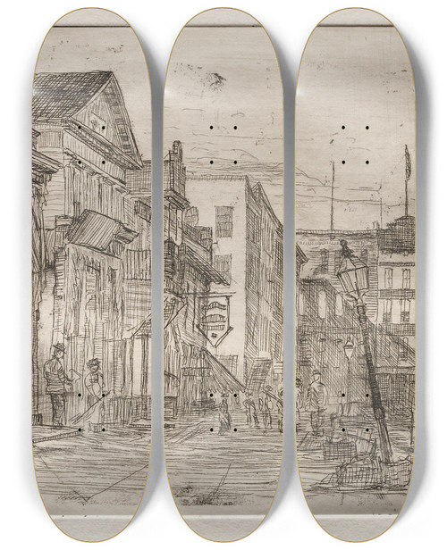 Triptych art skateboard deck of Otto Henry Bacher Southwest Corner Public Square Cleveland by Otto Henry Bacher (1856-1909)