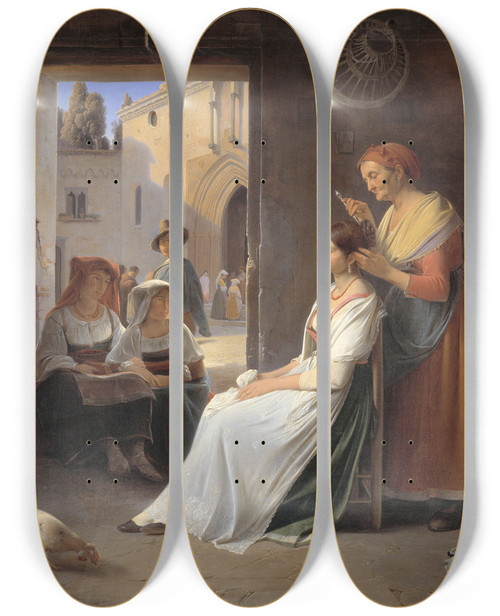 Triptych art skateboard deck of Albert Kchler A Young Italian Woman Being Adorned By Her Mother by Albert Kuchler (1803-1886)