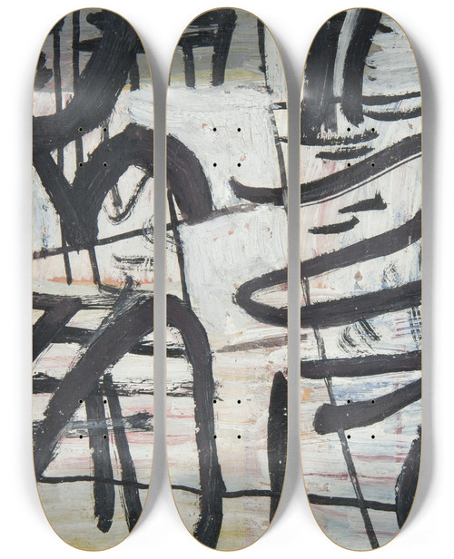 Triptych art skateboard deck of Sasza Blonder Kompozycja Abstrakcyjna Z Czarnymi Liniami by Sasza Blonder (1909-1949)