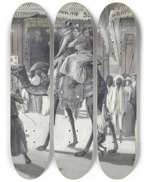 Triptych art skateboard deck of Peter Newell The Johnson Family In Cairo Street by Peter Newell (1862-1924)