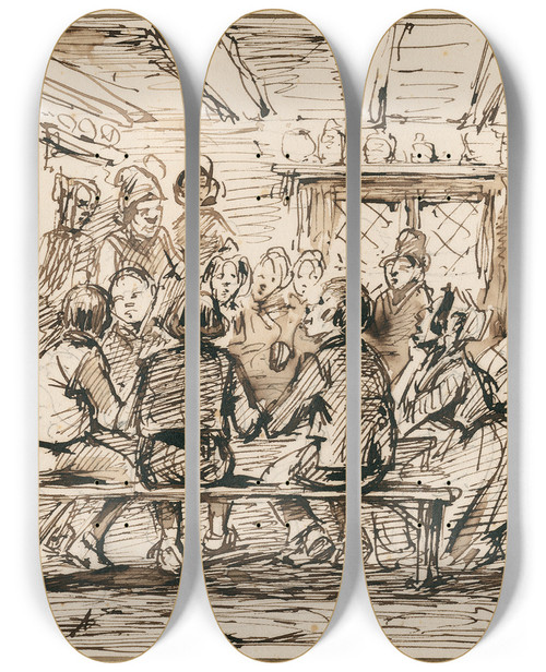 Triptych art skateboard deck of Pieter Van Loon Interieur Van Een Franse Herberg by Pieter Van Loon (1801-1873)