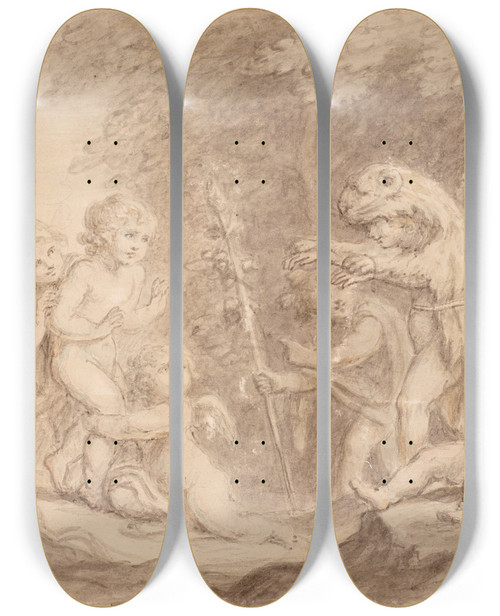 Triptych art skateboard deck of Lady Diana Beauclerk Amorini Playing In A Woodland Setting by Lady Diana Beauclerk (1734-1808)