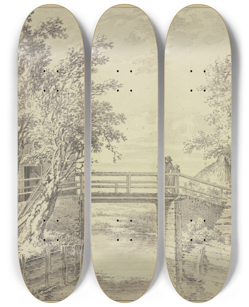 Triptych art skateboard deck of Steven Gobl Zwischen Husern Eine Brcke Ber Einen Kanal Auf Welcher Ein Mann Und Ein Mdchen Stehen by Steven Goble (1749-1799)