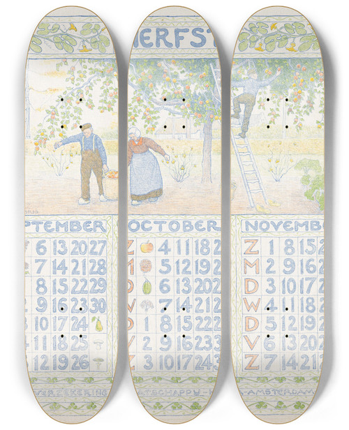 Triptych art skateboard deck of Ferdinand Hart Nibbrig Kalenderblad Voor Herfst 1904 Van De Verzekeringmaatschappij Holda In Amsterdam by Ferdinand Hart Nibbrig (1866-1915)
