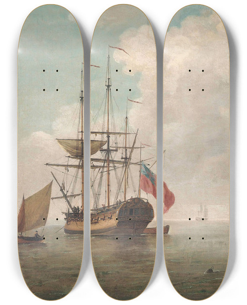 Triptych art skateboard deck of Charles Brooking A Small Manowar At Anchor With Cutters Under Sail by Charles Brooking (1723-1759)