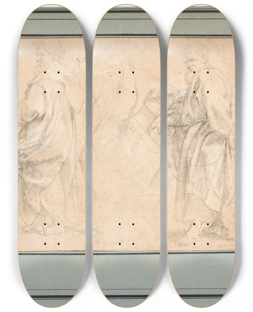 Triptych art skateboard deck of Peter Paul Rubens Two Drafts For The Apostle Andrew And A Study For Melchizedek by Peter Paul Rubens (1577-1640)