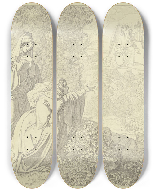 Triptych art skateboard deck of Ferdinand Fellner Zwei Stifterinnen Wird Von Engeln Der Standort Eines Mit Drei Stmmen Aufwachsenden Baumes Als Bauplatz Fr Eine Kirche Angewiesen by Ferdinand Fellner (1799-1859)