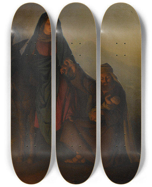 Triptych art skateboard deck of Petrus Van Schendel The Rest On The Flight Into Eygpt by Petrus Van Schendel (1806-1870)