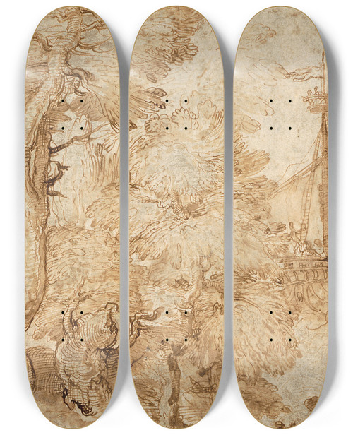 Triptych art skateboard deck of Taddeo Zuccaro Jonah And The Whale Seen From A Landscape With Trees by Taddeo Zuccaro (1529-1566)