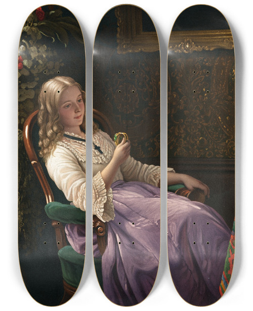 Triptych art skateboard deck of Johann Georg Meyer Von Bremen The Love Token by Johann Georg Meyer Von Bremen (1813-1886)
