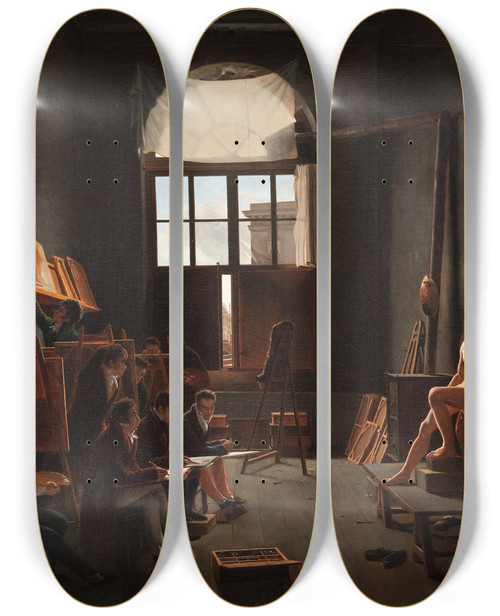 Triptych art skateboard deck of Lonmathieu Cochereau The Studio Of Jacqueslouis David by Leon Mathieu Cochereau (1793-1817)