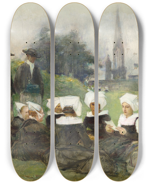 Triptych art skateboard deck of Pascaladolphejean Dagnanbouveret Study For Breton Women At A Pardon by Pascal-Adolphe-Jean Dagnan-Bouveret (1852-1929)