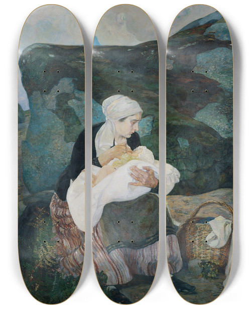 Triptych art skateboard deck of Franz Wilhelm Jger Die Rast by Franz Wilhelm Jager (1861-1928)