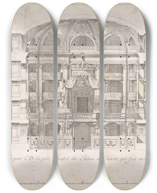 Triptych art skateboard deck of Luigi Vanvitelli Transverse Section Of The Small Theater In The Palace Of Caserta With A View Towards The Royal Box by Luigi Vanvitelli (1700-1773)