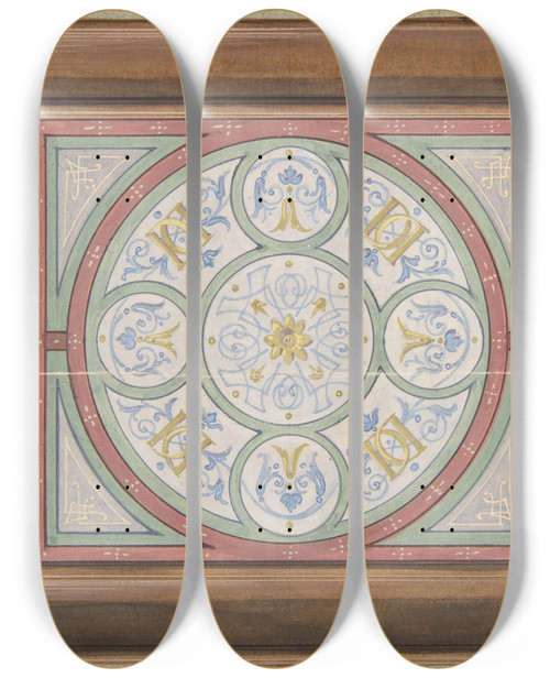 Triptych art skateboard deck of Julesedmondcharles Lachaise Design For Painted Decoration Of A Ceiling Incorporating Interwined Initials Dd by Jules-Edmond-Charles Lachaise (1897)