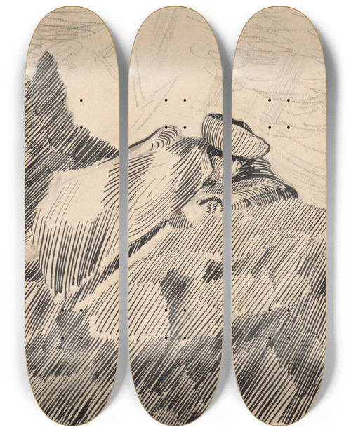 Triptych art skateboard deck of Arnold Peter Weiszkubnan Man Reclining On A Rock by Arnold Peter Weisz-Kubnan (1898-1944)