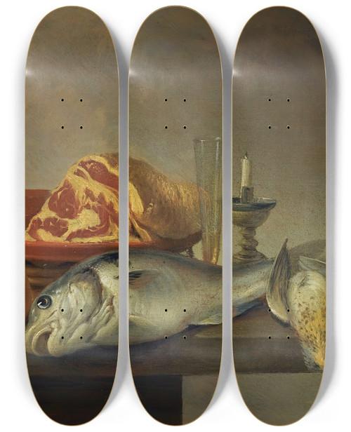 Triptych art skateboard deck of Harmen Steenwyck Still Life With A Ham A Fish A Candle And Other Objects Arranged On The Edge Of A Tabletop by Harmen Steenwyck (1612-1656)