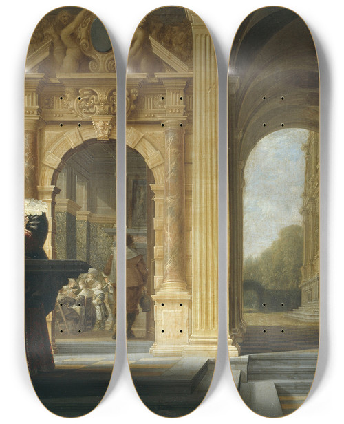 Triptych art skateboard deck of Dirck Van Delen Scne Galante Dans Un Palais by Dirck Van Delen (1604-1671)
