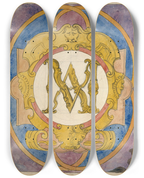 Triptych art skateboard deck of Prosper Lafaye Relev Dun Panneau De Vitrail Du Xviie Sicle Orn Dun Monogramme by Prosper Lafaye (1806-1883)
