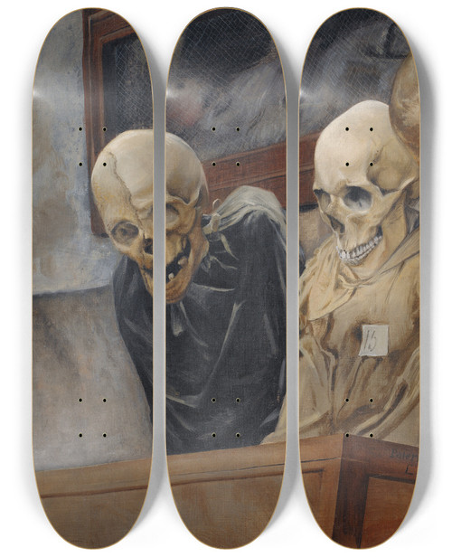 Triptych art skateboard deck of Laurits Andersen Ring Three Skulls From Convento Dei Cappucini At Palermo by Laurits Andersen Ring (1854-1933)