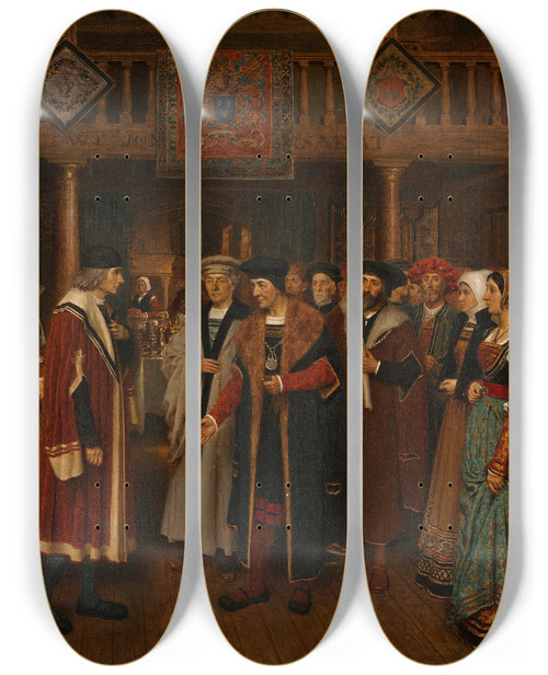 Triptych art skateboard deck of Edouard De Jans The Reception Of Quentin Metsys Into The Guild Of St Luke Of Antwerp by Edouard De Jans (1855-1919)