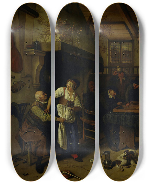 Triptych art skateboard deck of Jan Steen Interior Of An Inn With An Old Man Amusing Himself With The Landlady And Two Men Playing Backgammon Known As Two Kinds Of Games by Jan Steen (1626-1679)