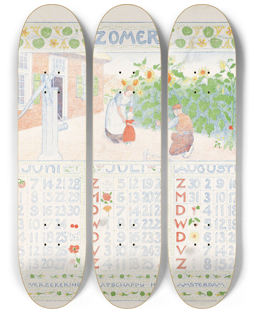 Triptych art skateboard deck of Ferdinand Hart Nibbrig Kalenderblad Voor Zomer 1904 Van De Verzekeringmaatschappij Holda In Amsterdam_1 by Ferdinand Hart Nibbrig (1866-1915)