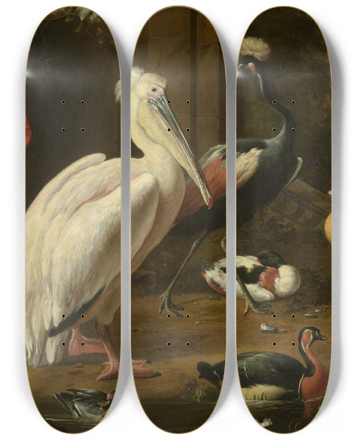 Triptych art skateboard deck of Melchior Dhondecoeter Waterfowl Melchior De Hondecoeter by Melchior d'Hondecoeter (1636-1695)