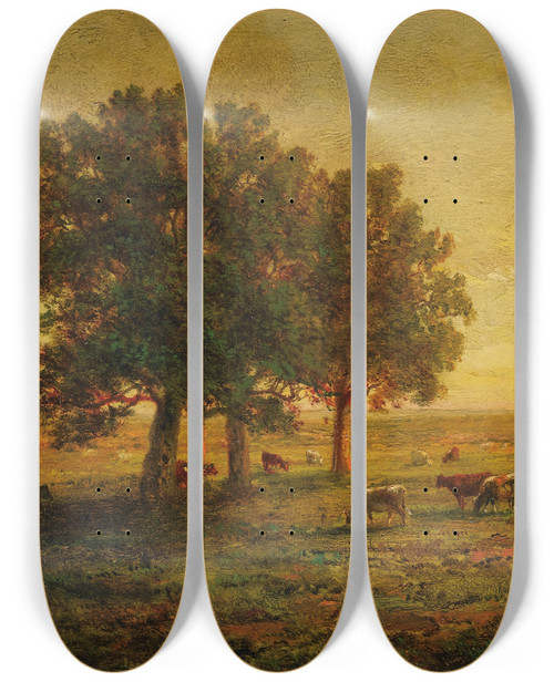 Triptych art skateboard deck of Thodore Rousseau Vaches Sous Un Groupe De Chnes Apremont by Theodore Rousseau (1812-1867)